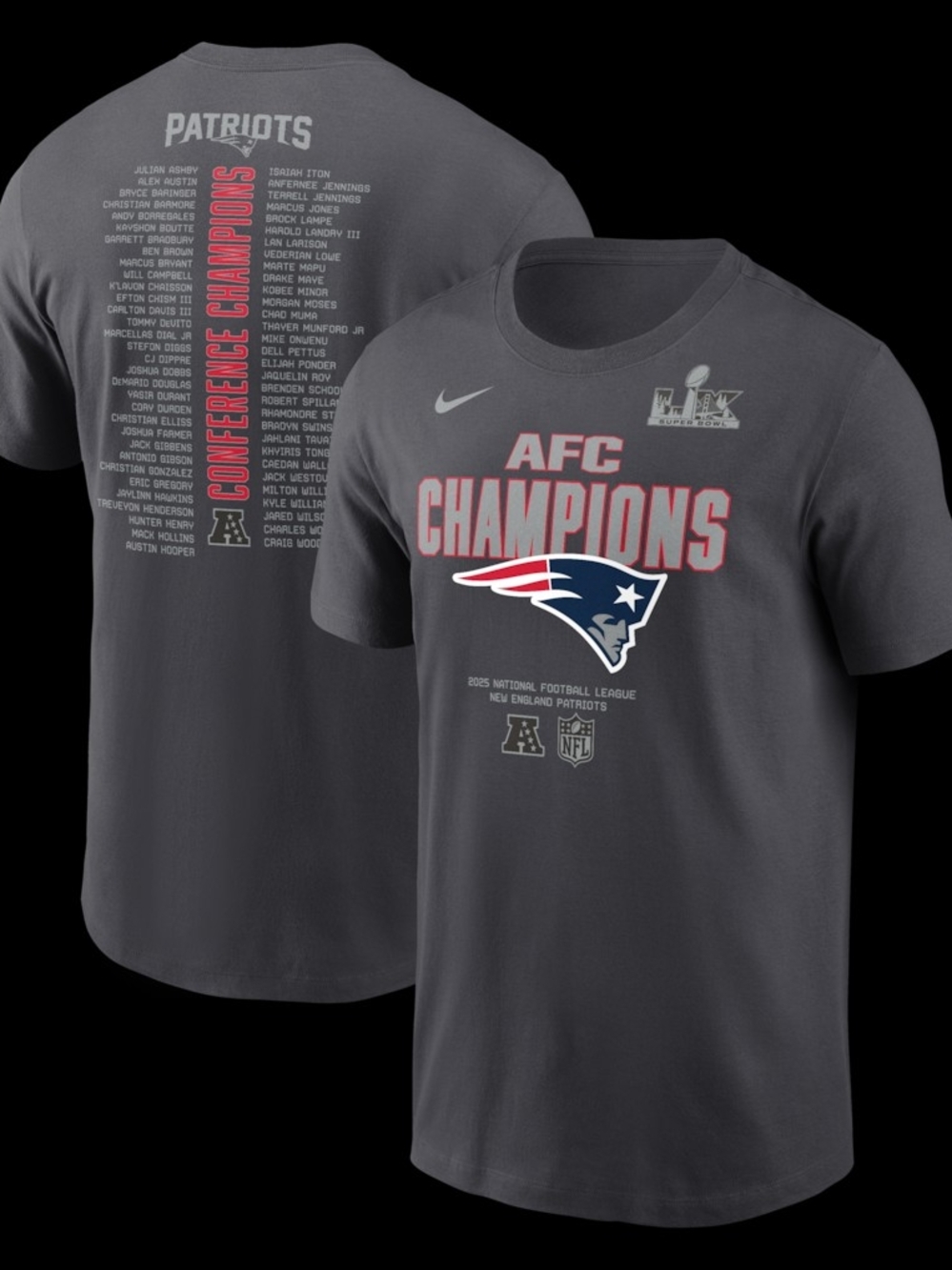 Men's Nike New England Patriots 2025 AFC Champions Roster T-Shirt